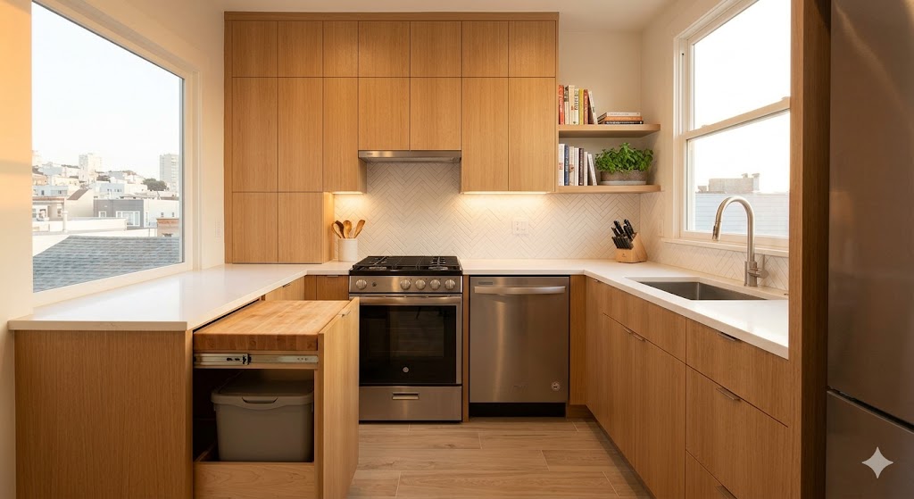 U-shaped small kitchen remodel with light wood cabinets and a pull-out counter space.